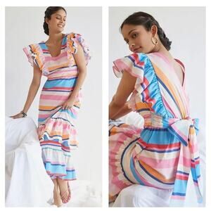 Plenty By Tracy Reese Anthropologie Rainbow Striped Ruffle Midi Dress XSmall